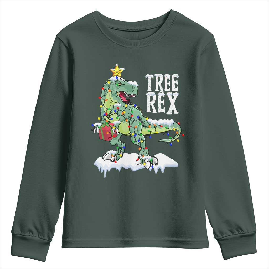 Funny Christmas T-Rex Youth Sweatshirt Tree Rex Dinosaur Xmas Tree TS11 Dark Forest Green Print Your Wear