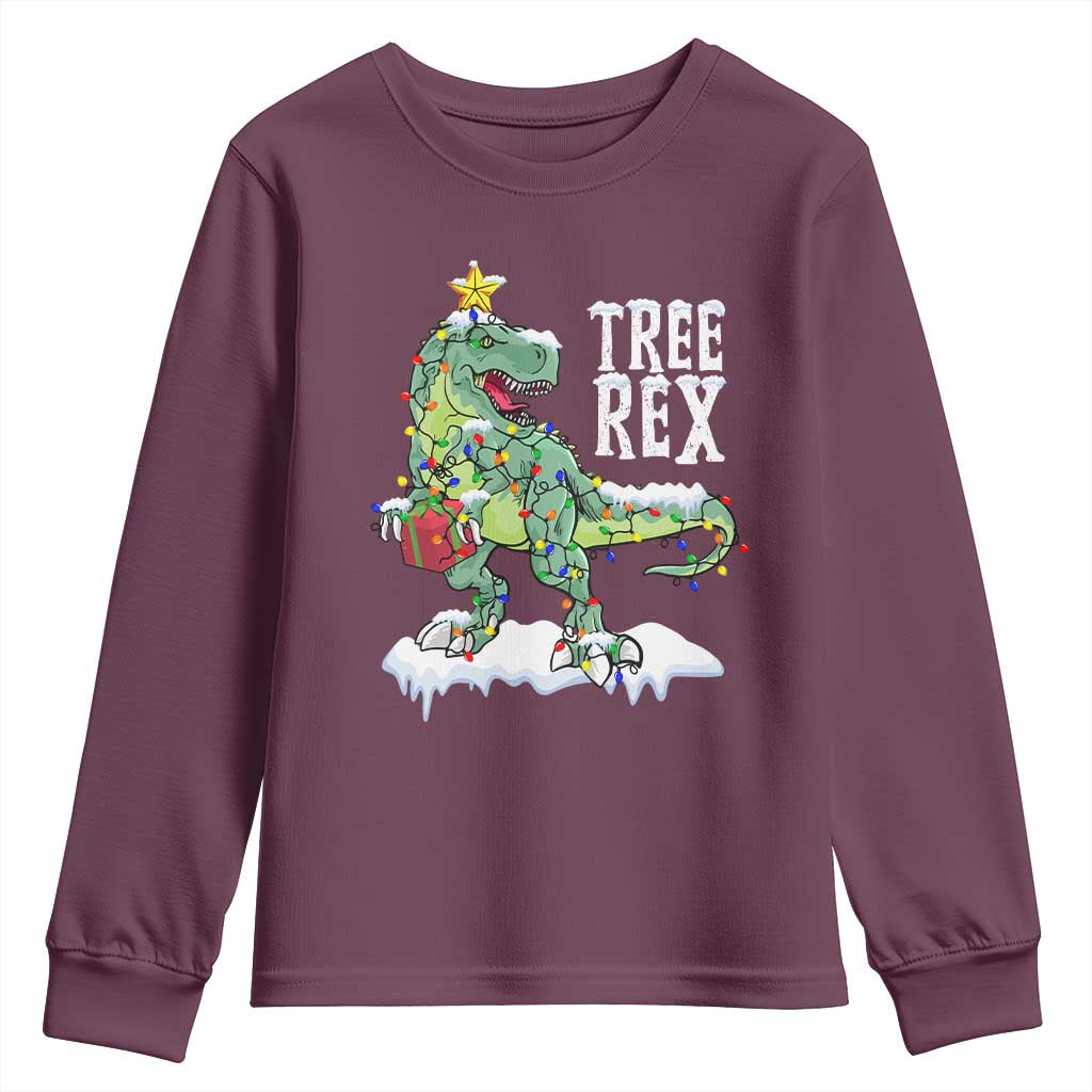 Funny Christmas T-Rex Youth Sweatshirt Tree Rex Dinosaur Xmas Tree TS11 Maroon Print Your Wear