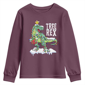 Funny Christmas T-Rex Youth Sweatshirt Tree Rex Dinosaur Xmas Tree TS11 Maroon Print Your Wear