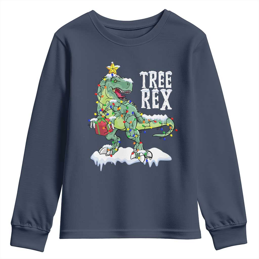 Funny Christmas T-Rex Youth Sweatshirt Tree Rex Dinosaur Xmas Tree TS11 Navy Print Your Wear
