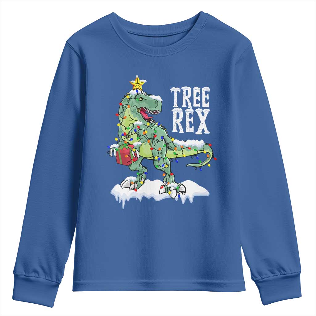 Funny Christmas T-Rex Youth Sweatshirt Tree Rex Dinosaur Xmas Tree TS11 Royal Blue Print Your Wear