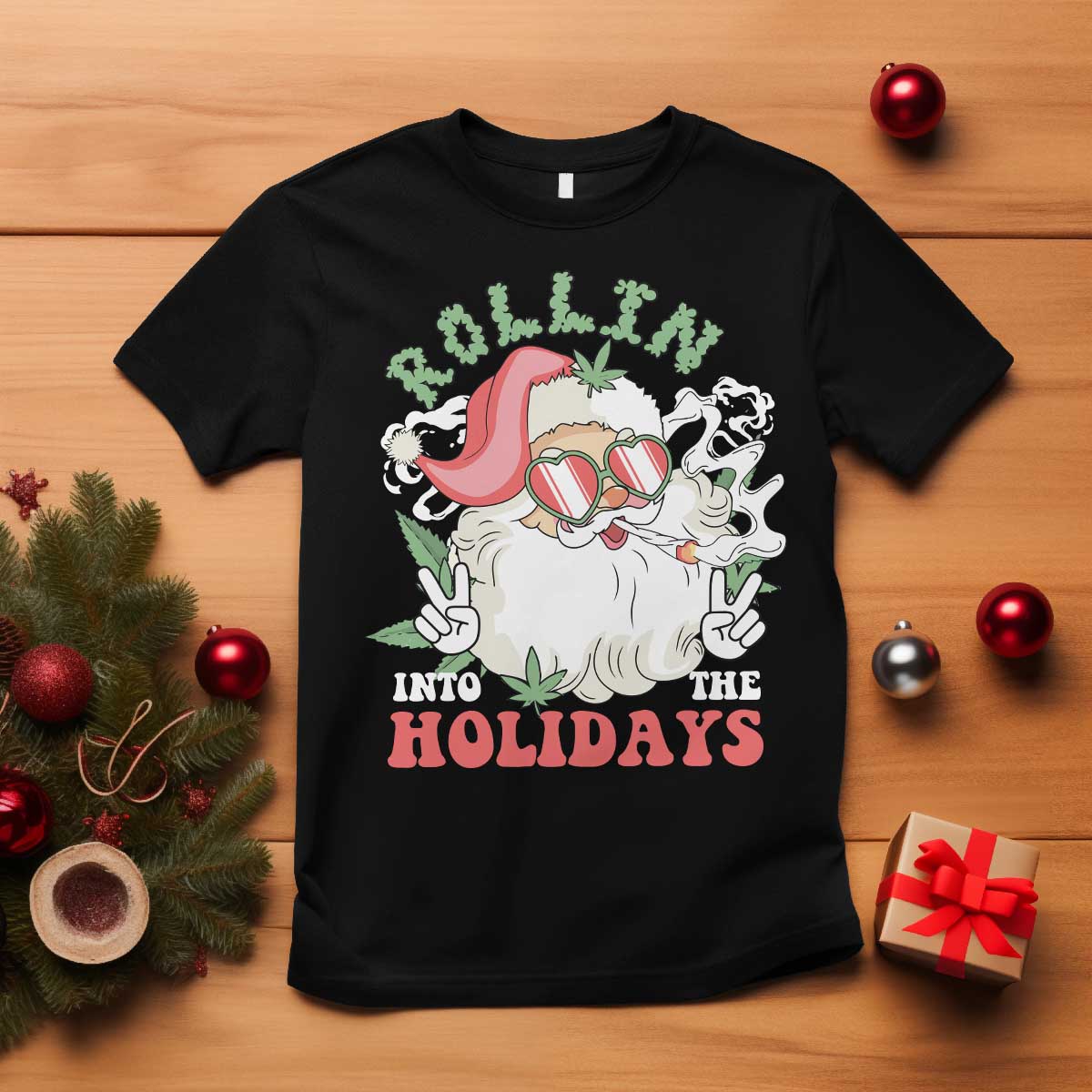 Funny Weed Christmas T Shirt Rollin Into The Holidays Santa Xmas TS11 Black Print Your Wear