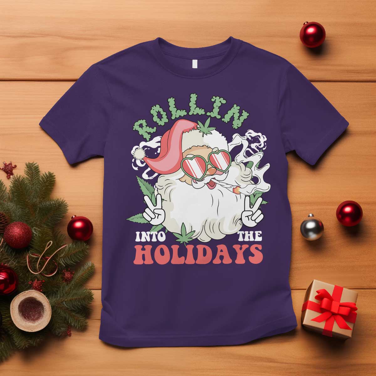 Funny Weed Christmas T Shirt Rollin Into The Holidays Santa Xmas TS11 Purple Print Your Wear