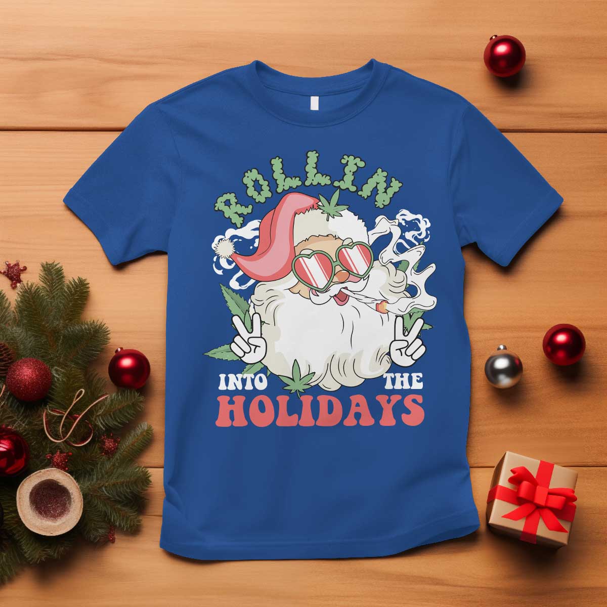 Funny Weed Christmas T Shirt Rollin Into The Holidays Santa Xmas TS11 Royal Blue Print Your Wear