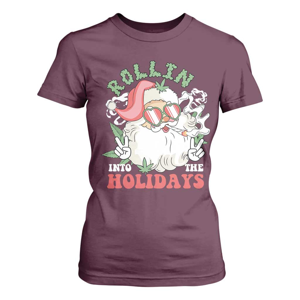 Funny Weed Christmas T Shirt For Women Rollin Into The Holidays Santa Xmas TS11 Maroon Print Your Wear