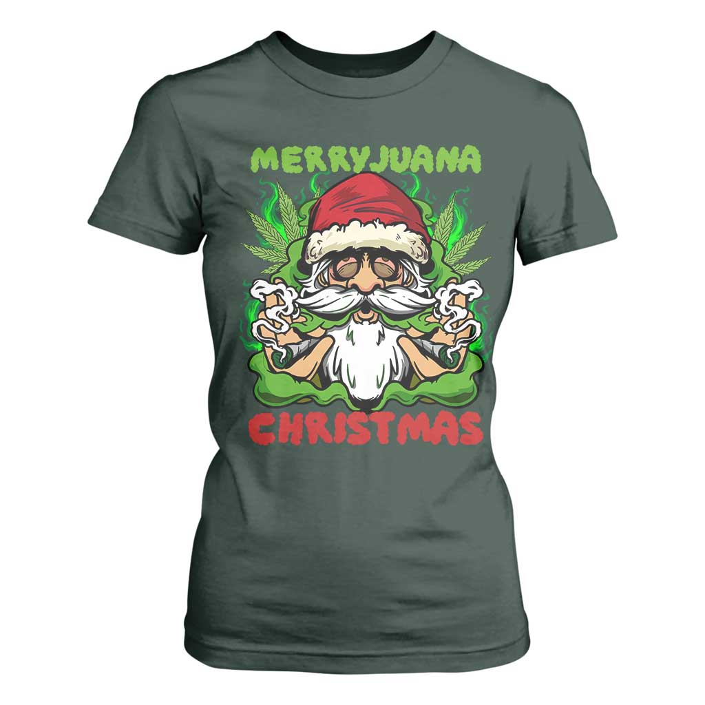 Funny Weed Christmas T Shirt For Women Merry Juana Xmas Santa TS11 Dark Forest Green Print Your Wear
