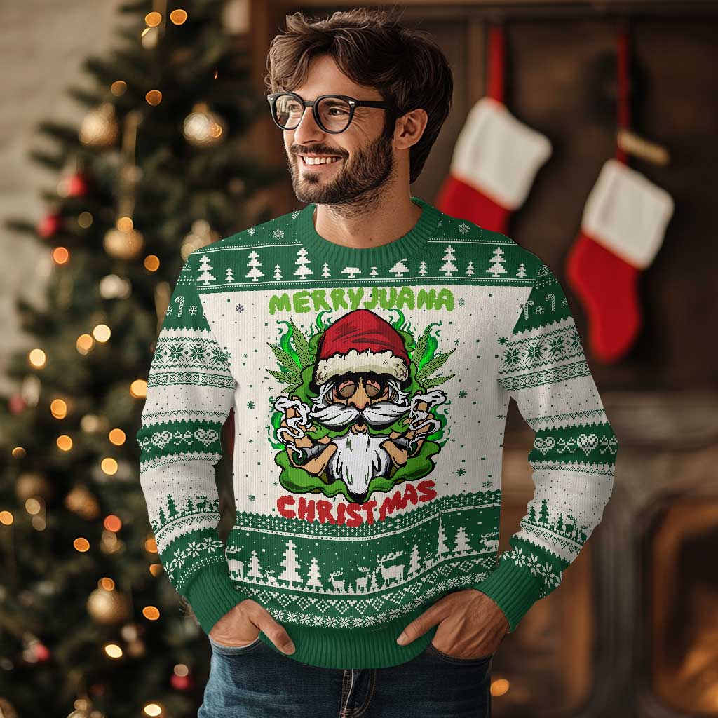 Funny Weed Xmas Ugly Christmas Sweater Merry Juana Xmas Santa TS11 Green Print Your Wear