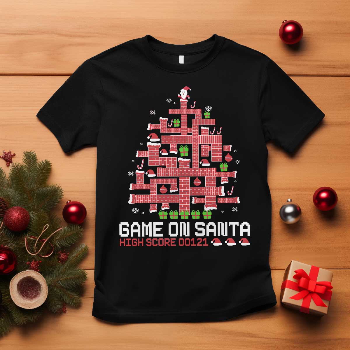 Funny Christmas Santa Gamers T Shirt Game On Santa Chimney Xmas Tree TS11 Black Print Your Wear