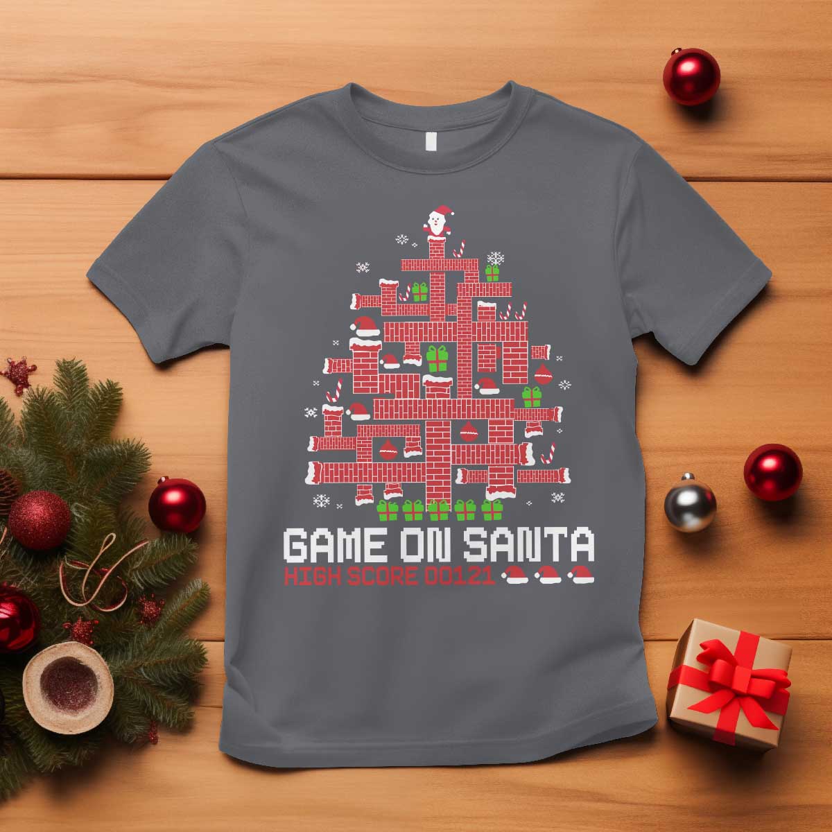 Funny Christmas Santa Gamers T Shirt Game On Santa Chimney Xmas Tree TS11 Charcoal Print Your Wear