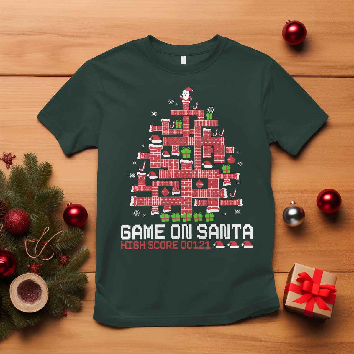 Funny Christmas Santa Gamers T Shirt Game On Santa Chimney Xmas Tree TS11 Dark Forest Green Print Your Wear
