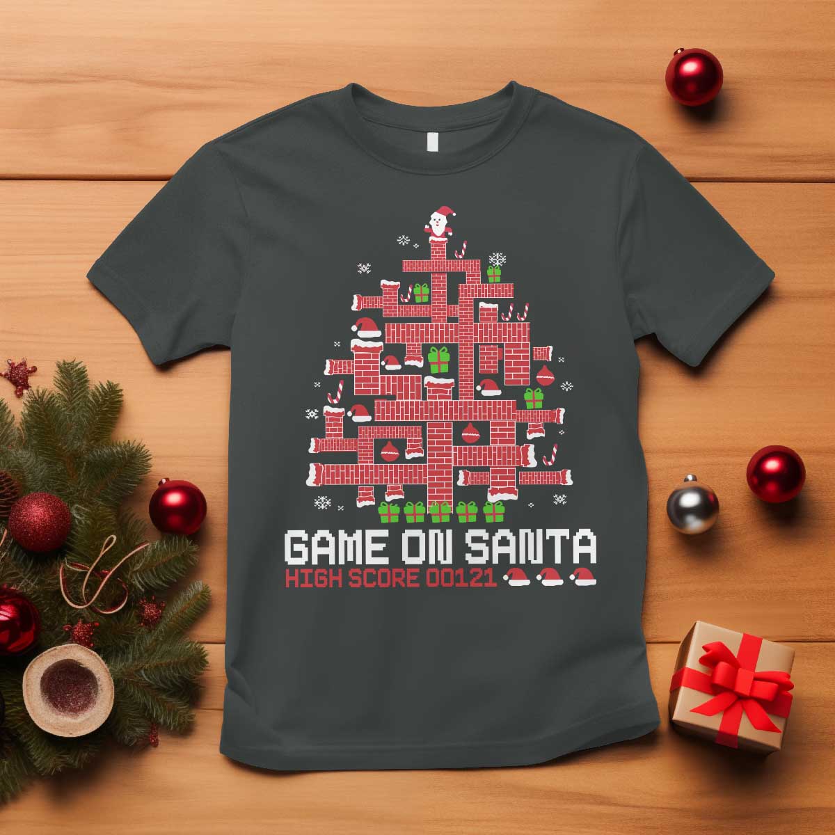 Funny Christmas Santa Gamers T Shirt Game On Santa Chimney Xmas Tree TS11 Dark Heather Print Your Wear