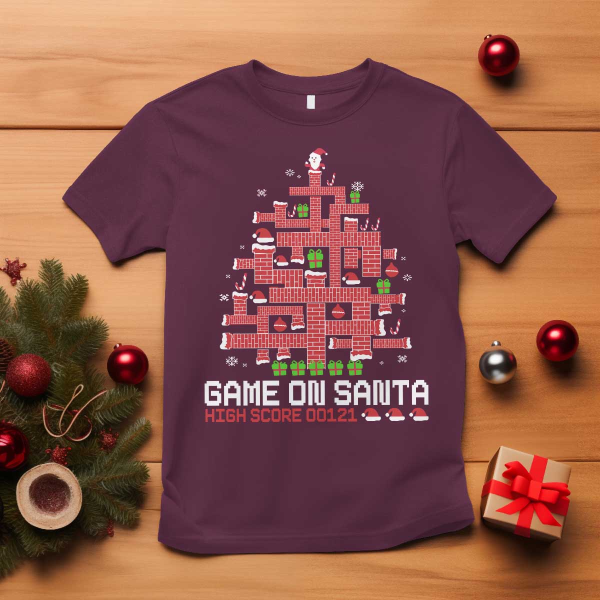 Funny Christmas Santa Gamers T Shirt Game On Santa Chimney Xmas Tree TS11 Maroon Print Your Wear