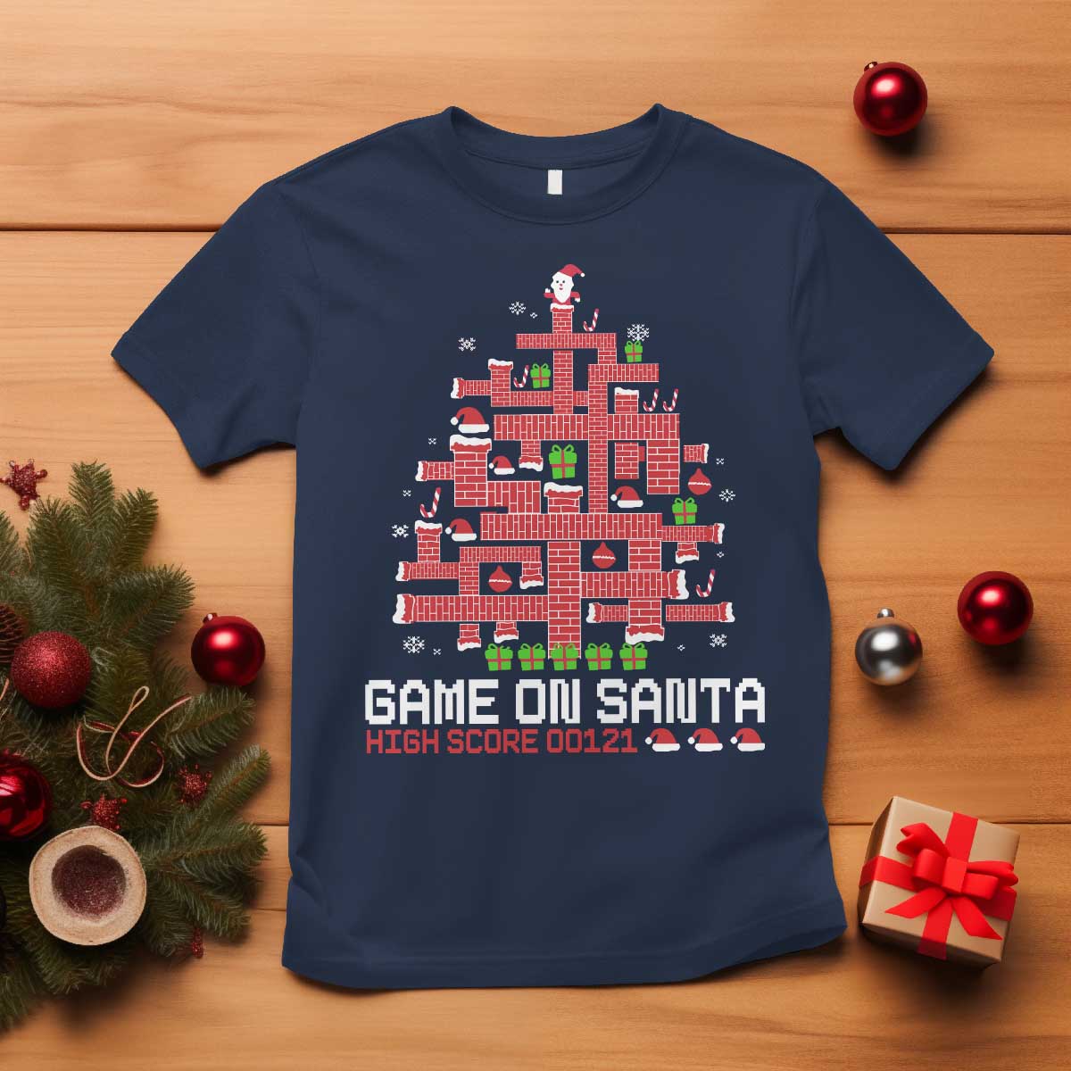 Funny Christmas Santa Gamers T Shirt Game On Santa Chimney Xmas Tree TS11 Navy Print Your Wear