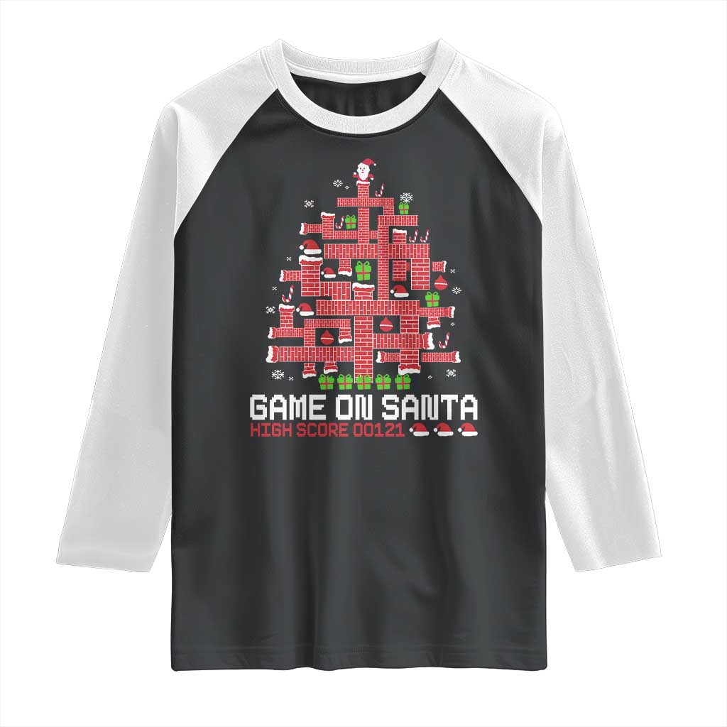 Funny Christmas Santa Gamers Raglan Shirt Game On Santa Chimney Xmas Tree TS11 Black White Print Your Wear