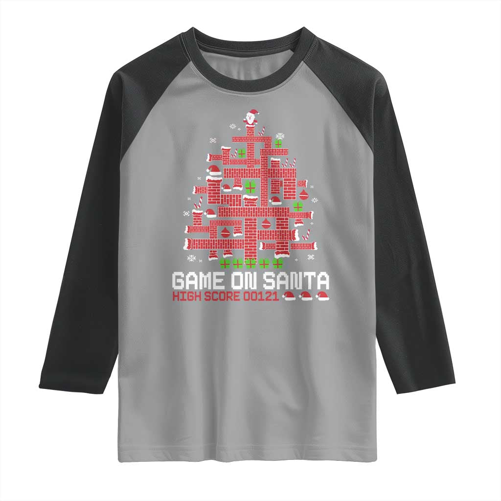 Funny Christmas Santa Gamers Raglan Shirt Game On Santa Chimney Xmas Tree TS11 Sport Gray Black Print Your Wear