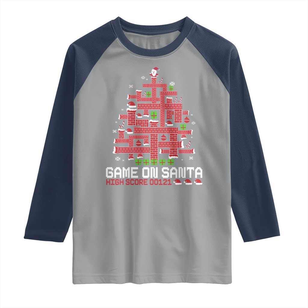 Funny Christmas Santa Gamers Raglan Shirt Game On Santa Chimney Xmas Tree TS11 Sport Gray Navy Print Your Wear