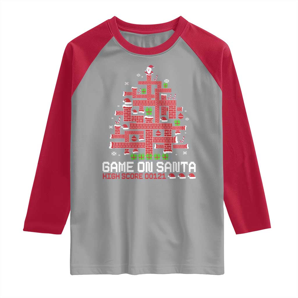 Funny Christmas Santa Gamers Raglan Shirt Game On Santa Chimney Xmas Tree TS11 Sport Gray Red Print Your Wear