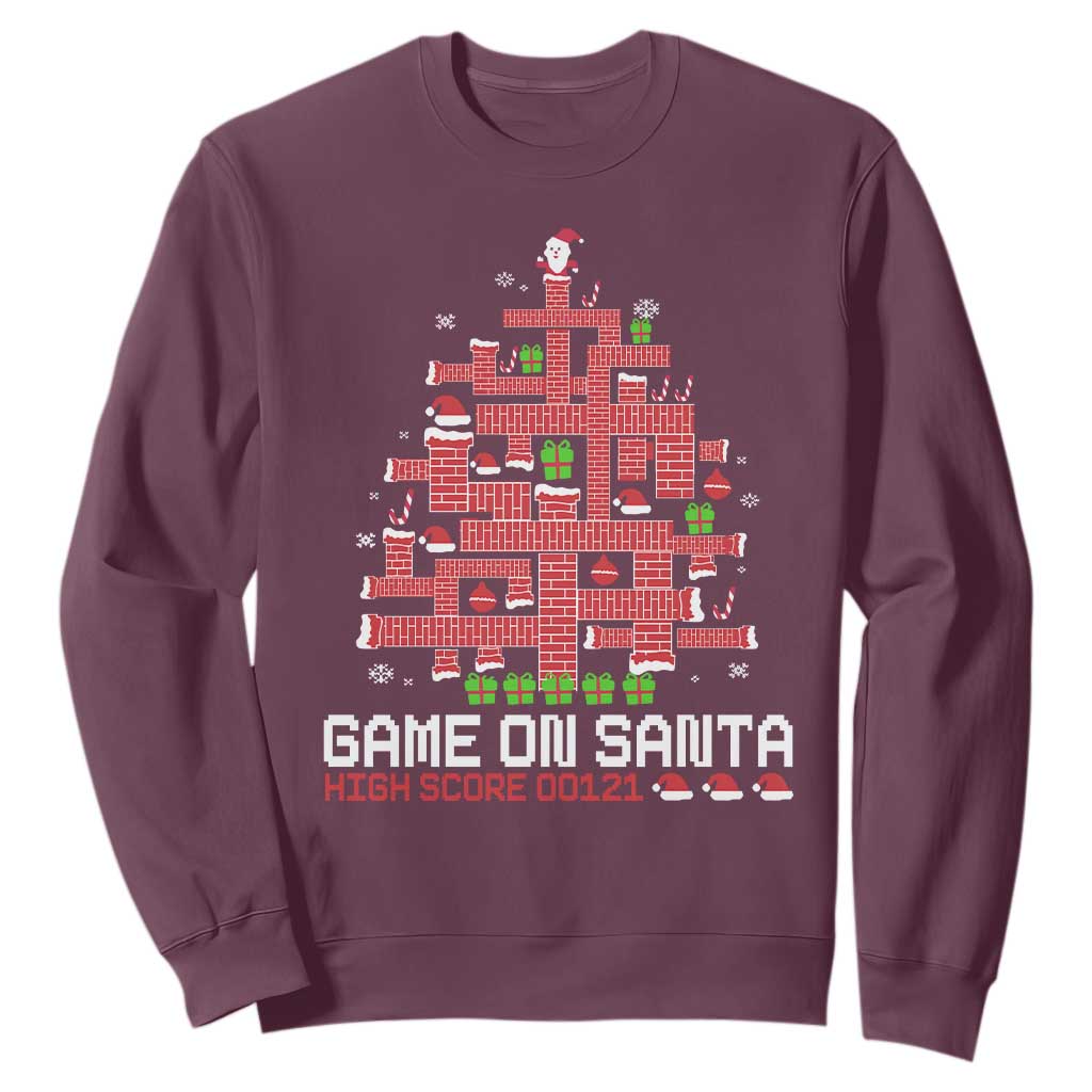 Funny Christmas Santa Gamers Sweatshirt Game On Santa Chimney Xmas Tree TS11 Maroon Print Your Wear