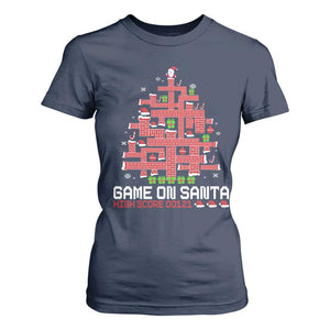 Funny Christmas Santa Gamers T Shirt For Women Game On Santa Chimney Xmas Tree TS11 Navy Print Your Wear