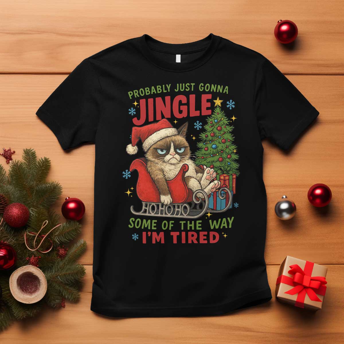 Funny Christmas Grumpy Cat T Shirt Probably Just Gonna Jingle Some Of The Way I Am Tired TS11 Black Print Your Wear