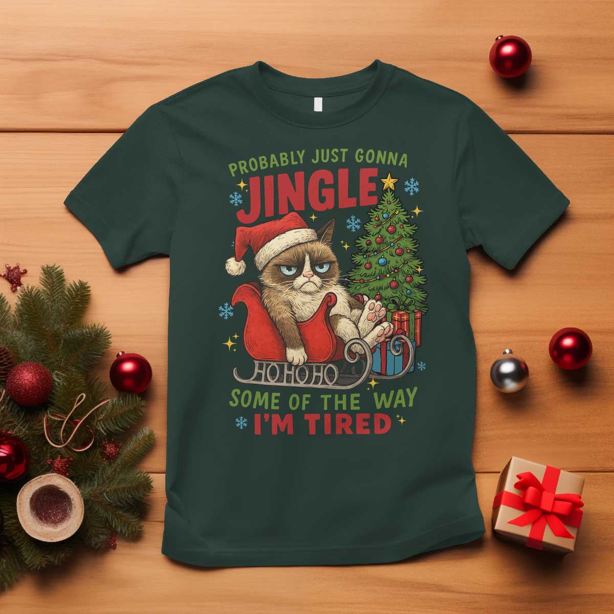 Funny Christmas Grumpy Cat T Shirt Probably Just Gonna Jingle Some Of The Way I Am Tired TS11 Dark Forest Green Print Your Wear