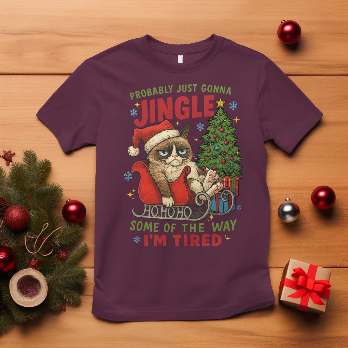Funny Christmas Grumpy Cat T Shirt Probably Just Gonna Jingle Some Of The Way I Am Tired TS11 Maroon Print Your Wear
