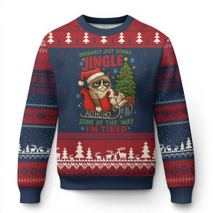 Funny Xmas Grumpy Cat Ugly Christmas Sweater Probably Just Gonna Jingle Some Of The Way I Am Tired TS11 Navy Red Print Your Wear