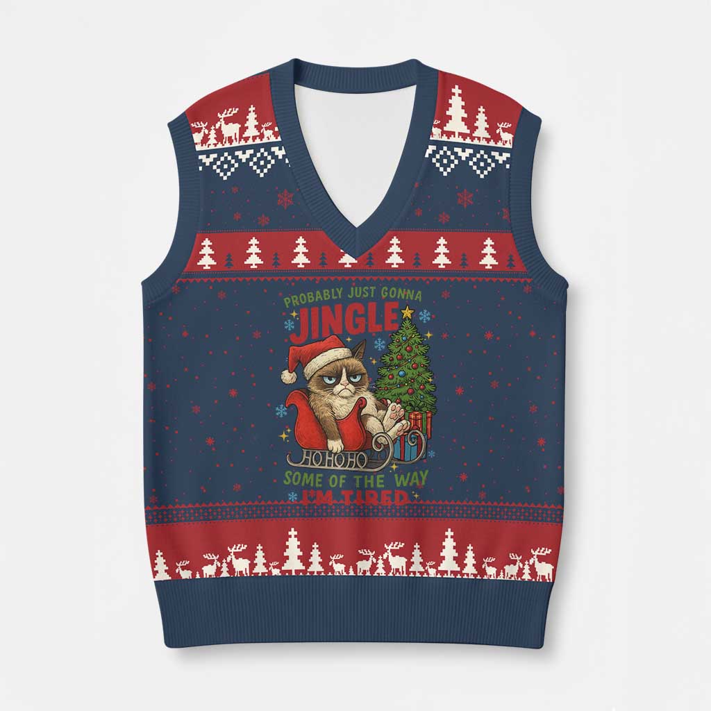 Funny Xmas Grumpy Cat V-Neck Knit Sweater Vest Probably Just Gonna Jingle Some Of The Way I Am Tired TS11 Navy Red Print Your Wear