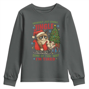Funny Christmas Grumpy Cat Youth Sweatshirt Probably Just Gonna Jingle Some Of The Way I Am Tired TS11 Dark Heather Print Your Wear