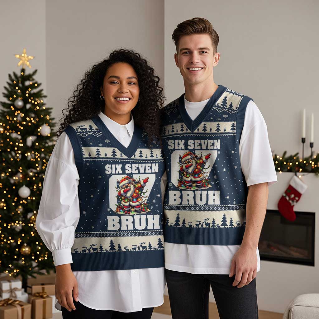 Funny Xmas Six Seven Bruh V-Neck Knit Sweater Vest Dabbing Santa TS11 Navy Beige Print Your Wear