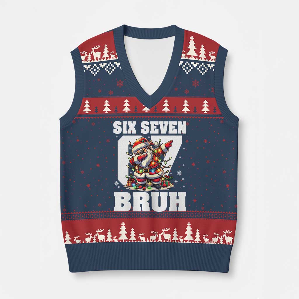 Funny Xmas Six Seven Bruh V-Neck Knit Sweater Vest Dabbing Santa TS11 Navy Red Print Your Wear