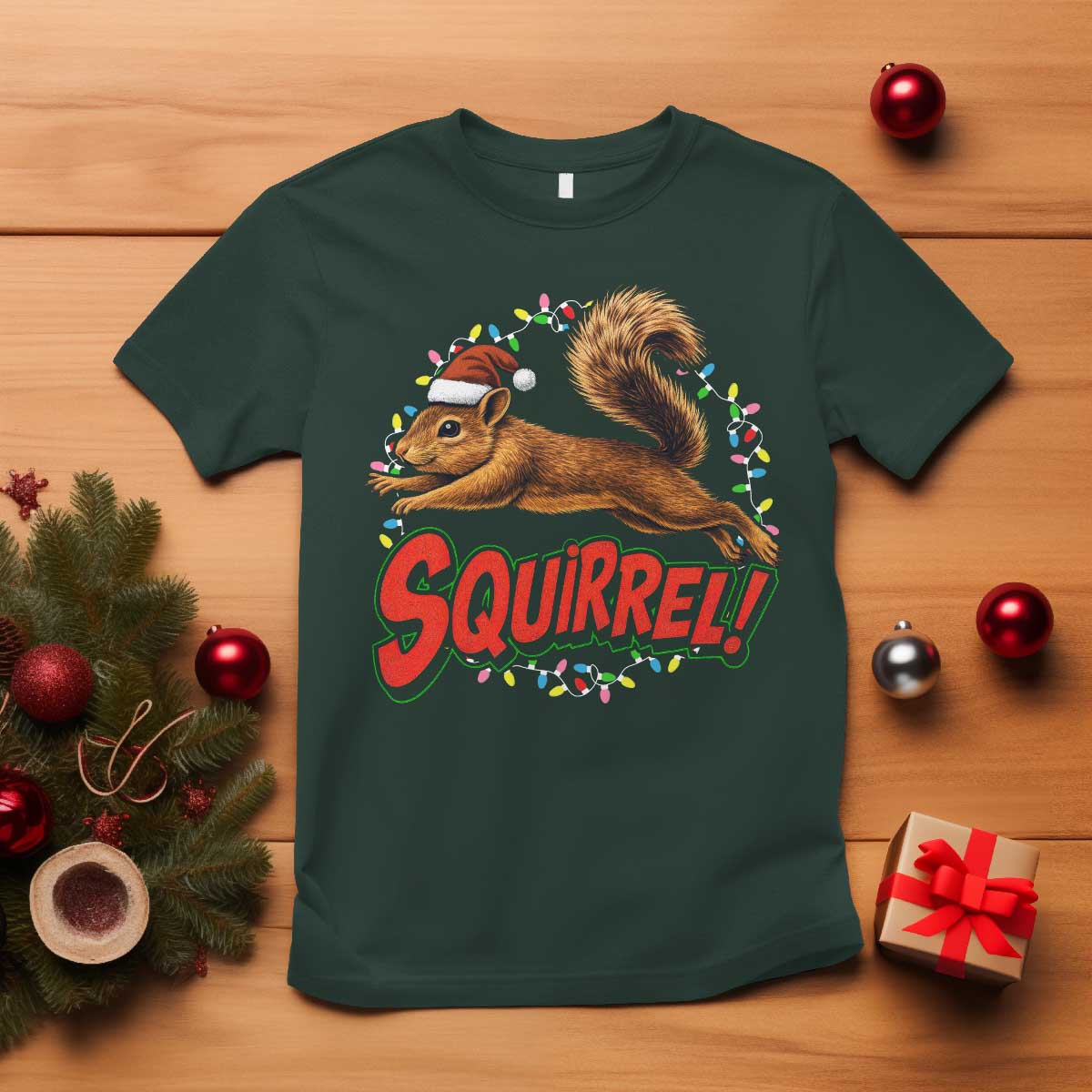 Funny Christmas Squirrel T Shirt Xmas Vacation Holiday Movie TS11 Dark Forest Green Print Your Wear