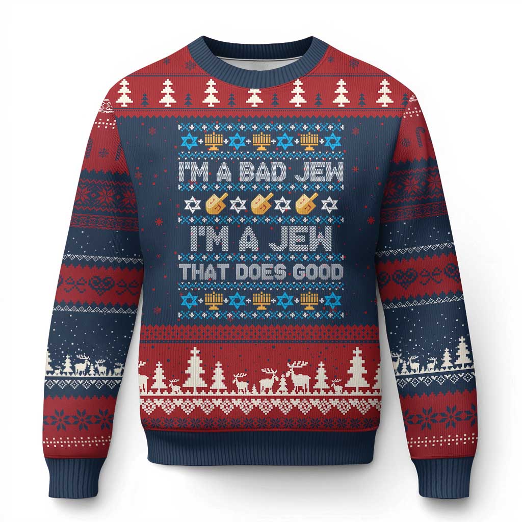 Funny Jewish Hanukkah Ugly Christmas Sweater I Am A Bad Jew I Am A Jew That Does Good TS11 Navy Red Print Your Wear