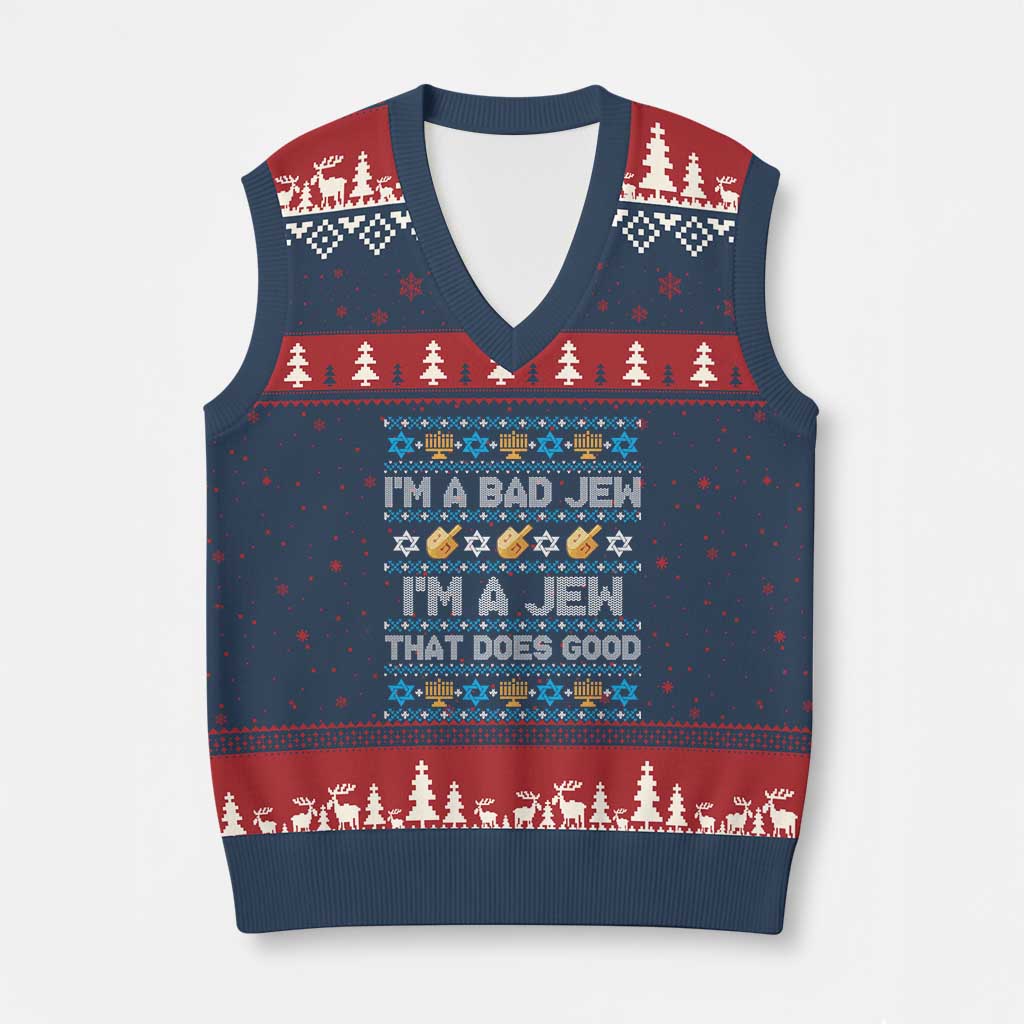 Funny Jewish Hanukkah V-Neck Knit Sweater Vest I Am A Bad Jew I Am A Jew That Does Good TS11 Navy Red Print Your Wear
