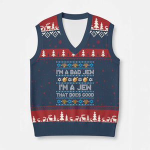 Funny Jewish Hanukkah V-Neck Knit Sweater Vest I Am A Bad Jew I Am A Jew That Does Good TS11 Navy Red Print Your Wear