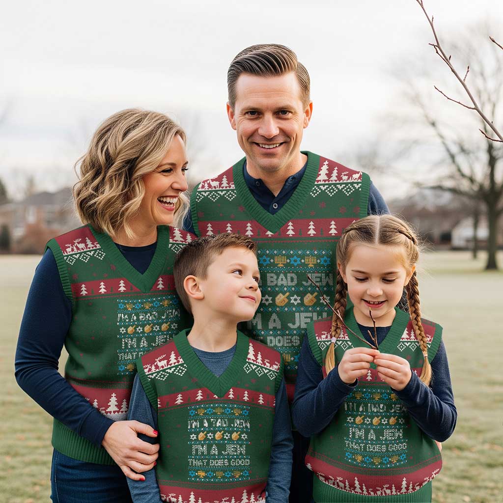 Funny Jewish Hanukkah V-Neck Knit Sweater Vest I Am A Bad Jew I Am A Jew That Does Good TS11 Red Green Print Your Wear