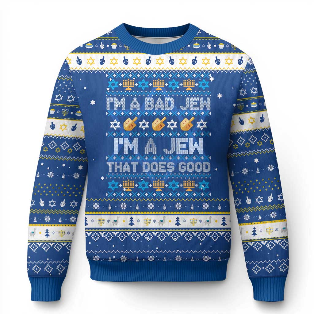 Funny Jewish Chanukah Hanukkah Ugly Sweater I Am A Bad Jew I Am A Jew That Does Good TS11 Blue White Print Your Wear