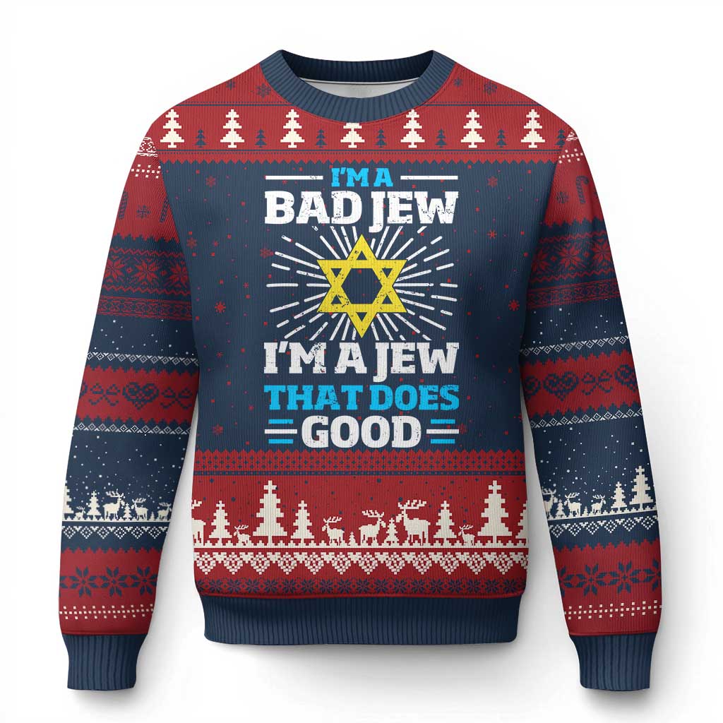 Funny Jewish Ugly Christmas Sweater I Am A Bad Jew I Am A Jew That Does Good TS11 Navy Red Print Your Wear