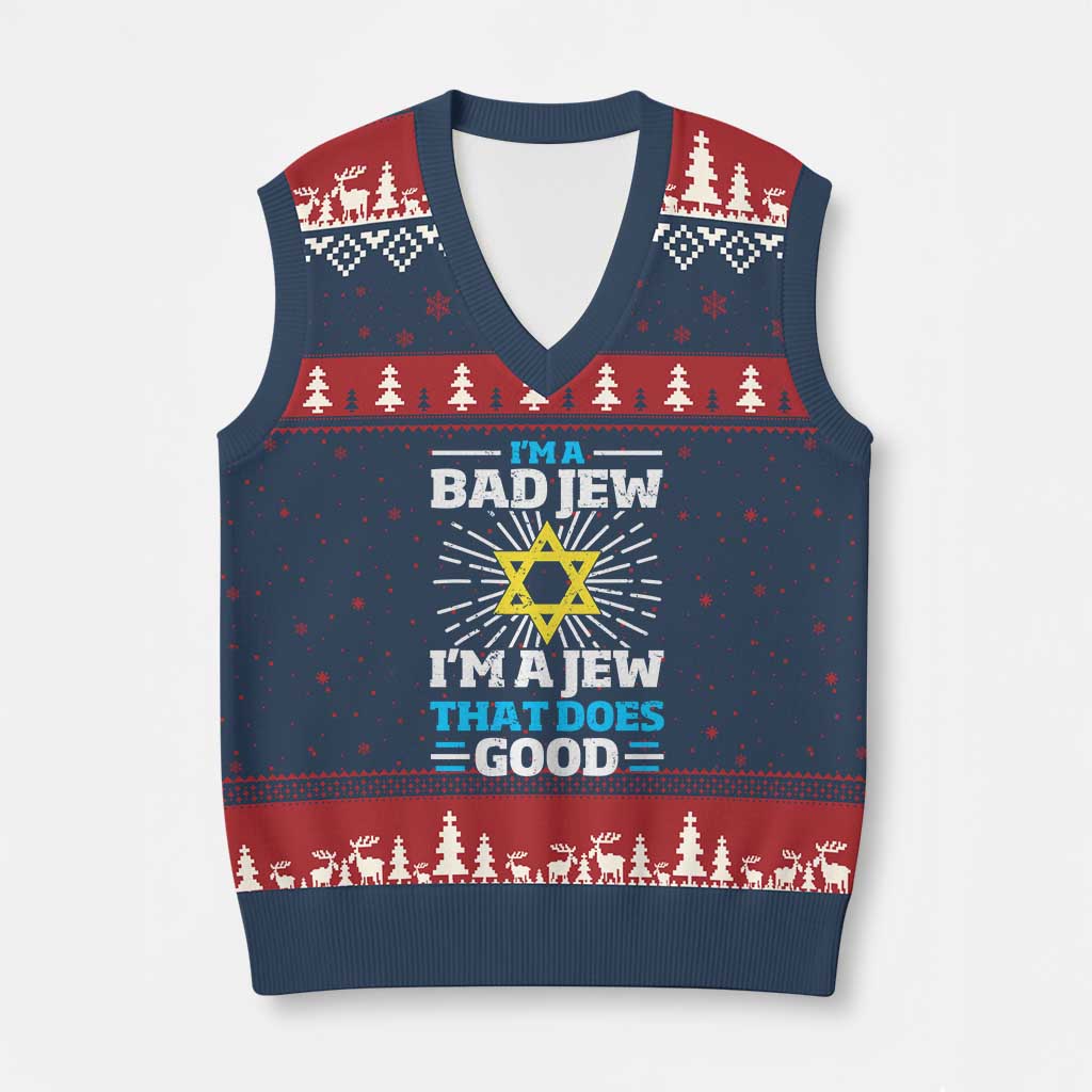 Funny Jewish V-Neck Knit Sweater Vest I Am A Bad Jew I Am A Jew That Does Good TS11 Navy Red Print Your Wear
