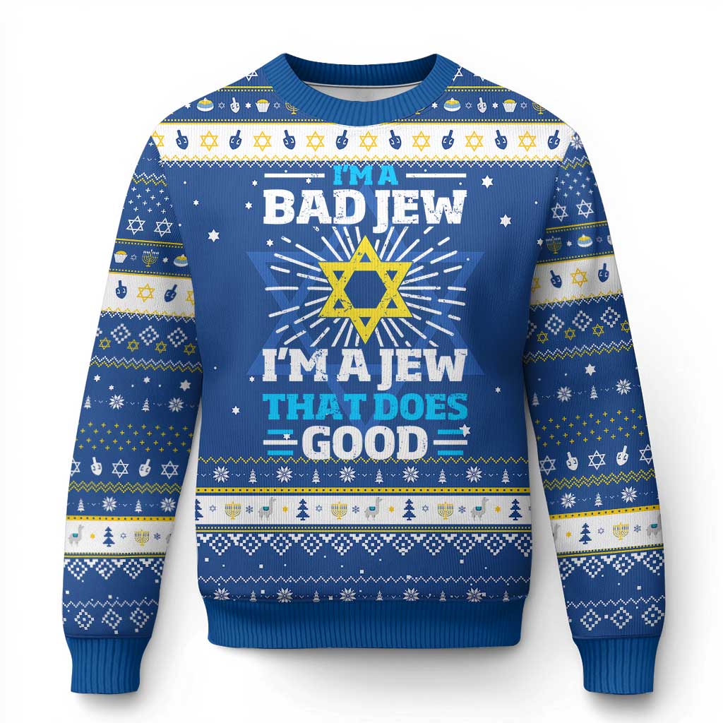 Funny Jewish Hanukkah Ugly Sweater I Am A Bad Jew I Am A Jew That Does Good TS11 Blue White Print Your Wear