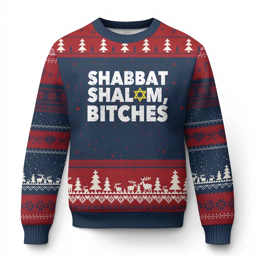 Funny Hanukkah Shabbat Shalom Bitches Ugly Christmas Sweater Star Of David TS11 Navy Red Print Your Wear