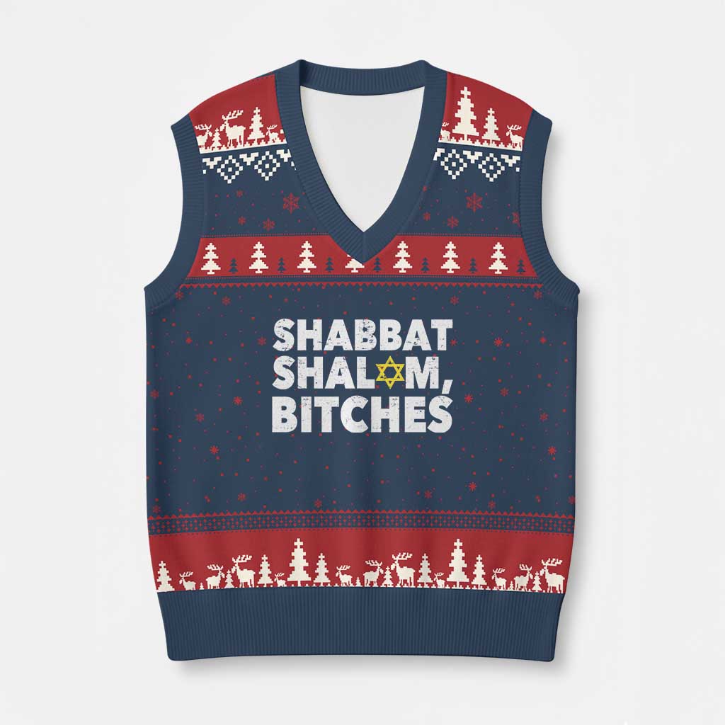 Funny Hanukkah Shabbat Shalom Bitches V-Neck Knit Sweater Vest Star Of David TS11 Navy Red Print Your Wear