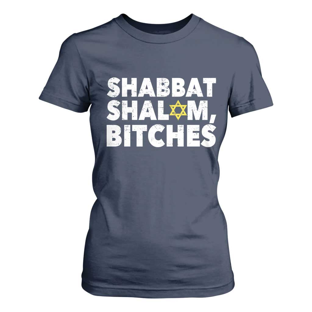 Funny Hanukkah Shabbat Shalom Bitches T Shirt For Women Star Of David TS11 Navy Print Your Wear