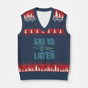 Funny Skiing Alligator V-Neck Knit Sweater Vest Ski Ya Later Skier Winter Sport TS11 Navy Red Print Your Wear