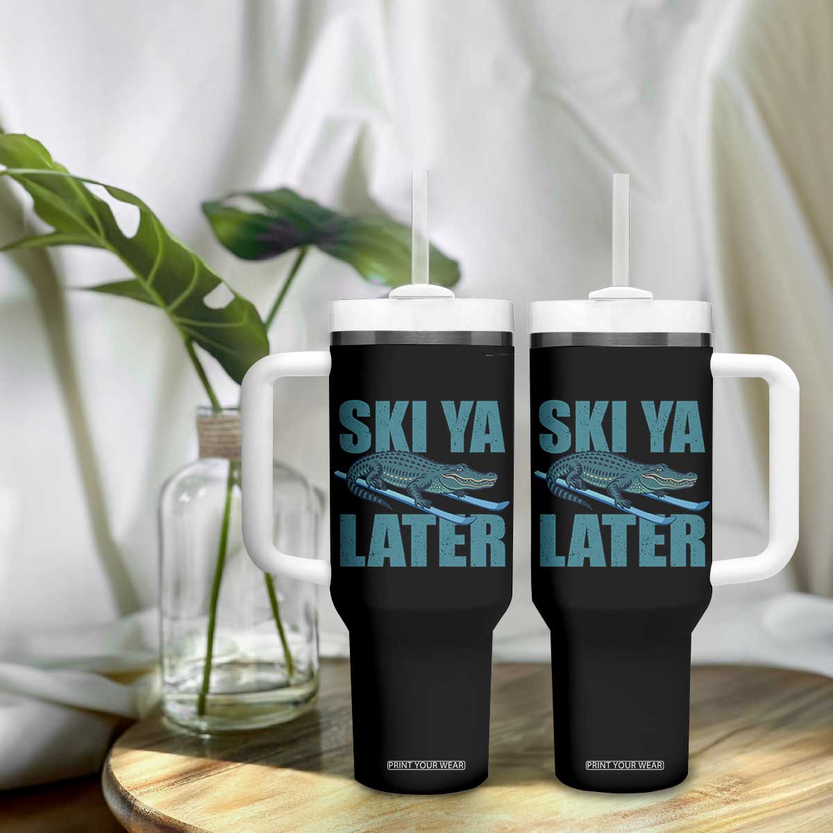 Funny Skiing Alligator Tumbler With Handle Ski Ya Later Skier Winter Sport TS11 Print Your Wear