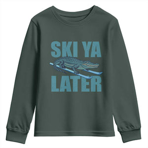 Funny Skiing Alligator Youth Sweatshirt Ski Ya Later Skier Winter Sport TS11 Dark Forest Green Print Your Wear