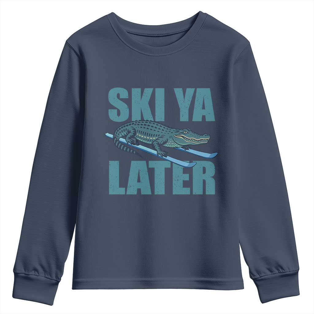 Funny Skiing Alligator Youth Sweatshirt Ski Ya Later Skier Winter Sport TS11 Navy Print Your Wear
