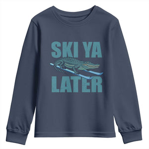 Funny Skiing Alligator Youth Sweatshirt Ski Ya Later Skier Winter Sport TS11 Navy Print Your Wear