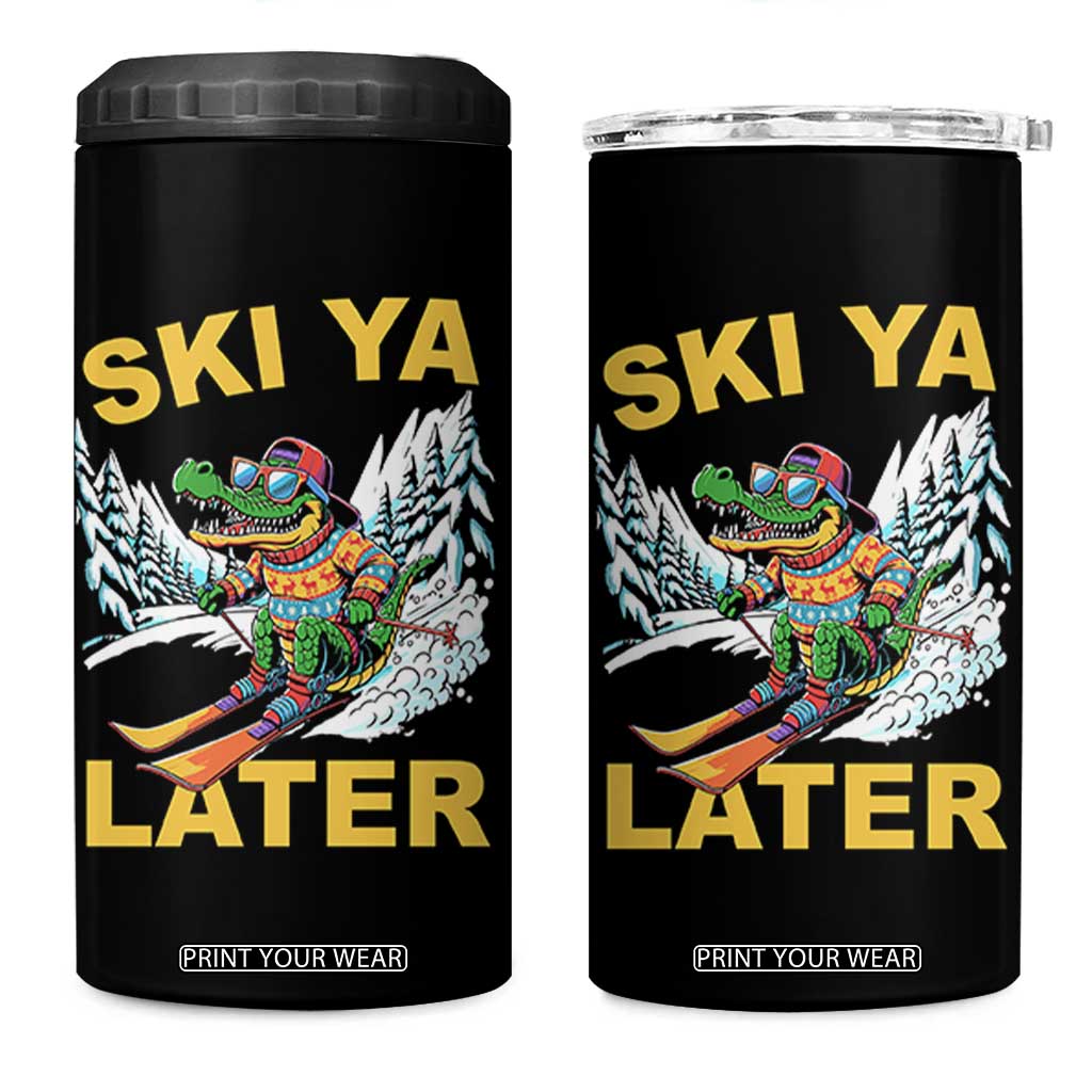 Funny Skiing Alligator 4 in 1 Can Cooler Tumbler Ski Ya Later Skier Snow Mountain Winter Sport TS11 One Size: 16 oz Black Print Your Wear
