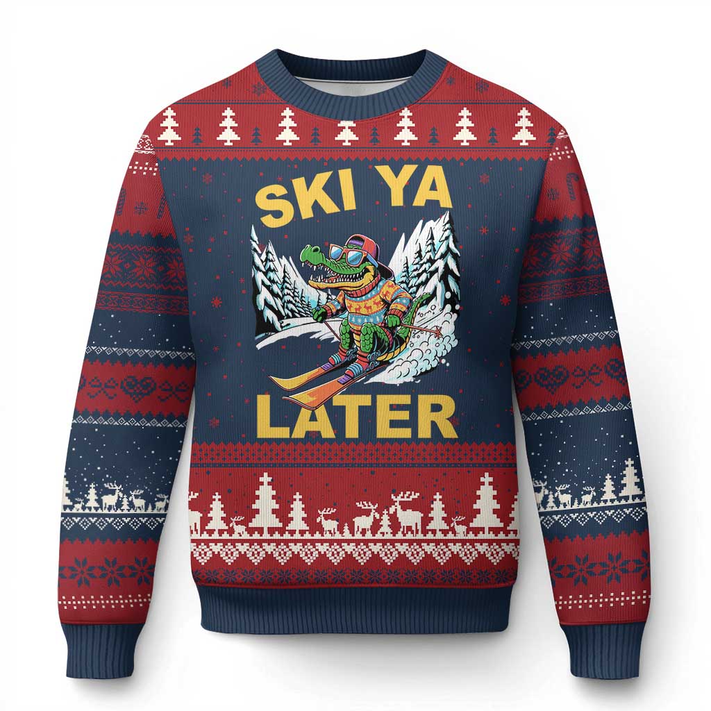 Funny Skiing Alligator Ugly Christmas Sweater Ski Ya Later Skier Snow Mountain Winter Sport TS11 Navy Red Print Your Wear